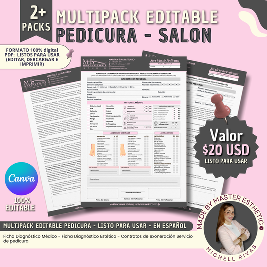 MULTIPACK FORMATOS EDITABLES CANVA / PEDICURA SALON  - ESPAÑOL